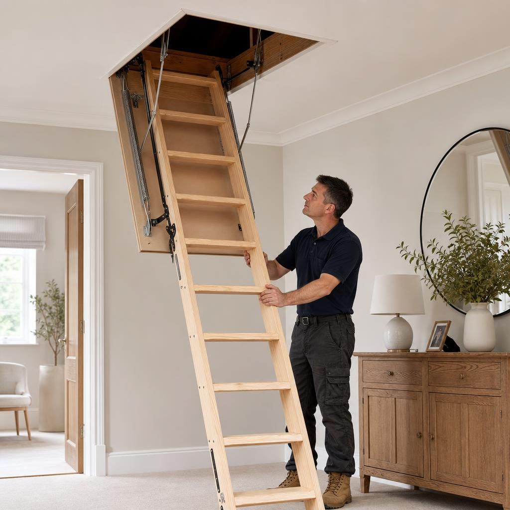 Folding wooden loft ladder retracted