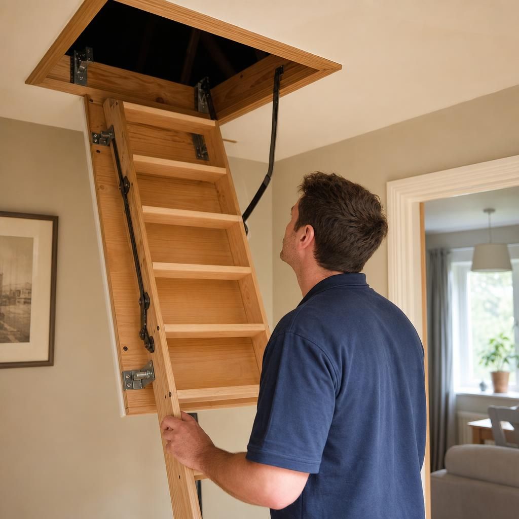 Concertina wooden loft ladder pulled down