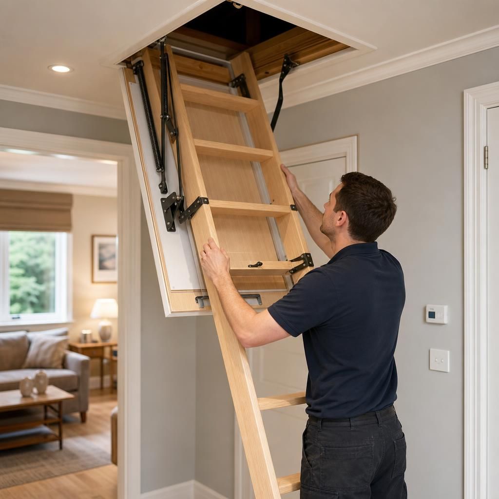 Close-up of non-slip treads on a wooden loft ladder
