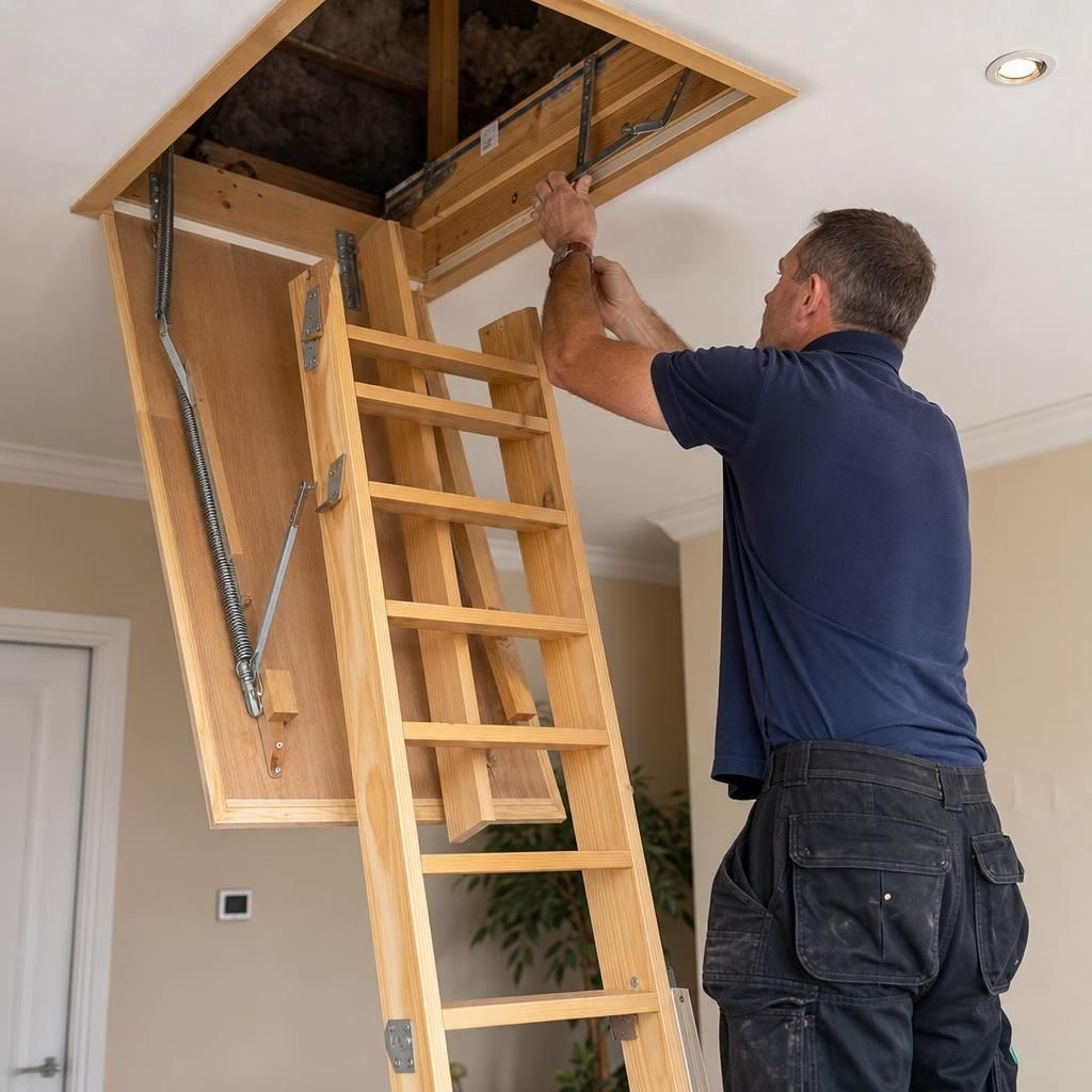 Professional installation of a wooden loft ladder