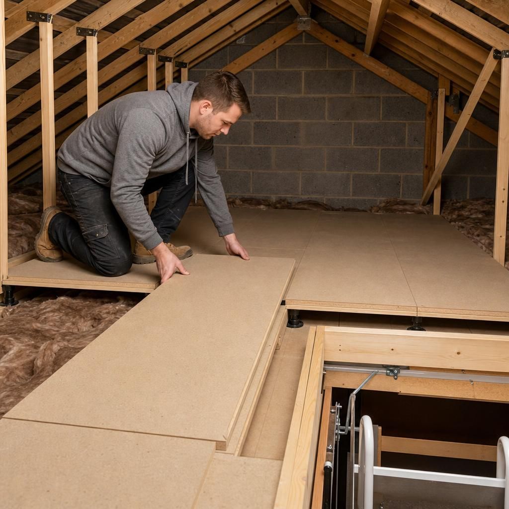 Loft ladder attached to boarded attic floor