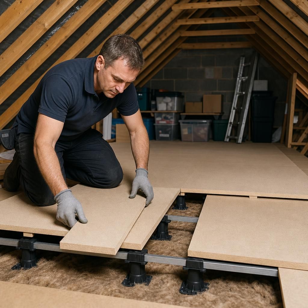 Close-up of loft insulation beneath raised boarding