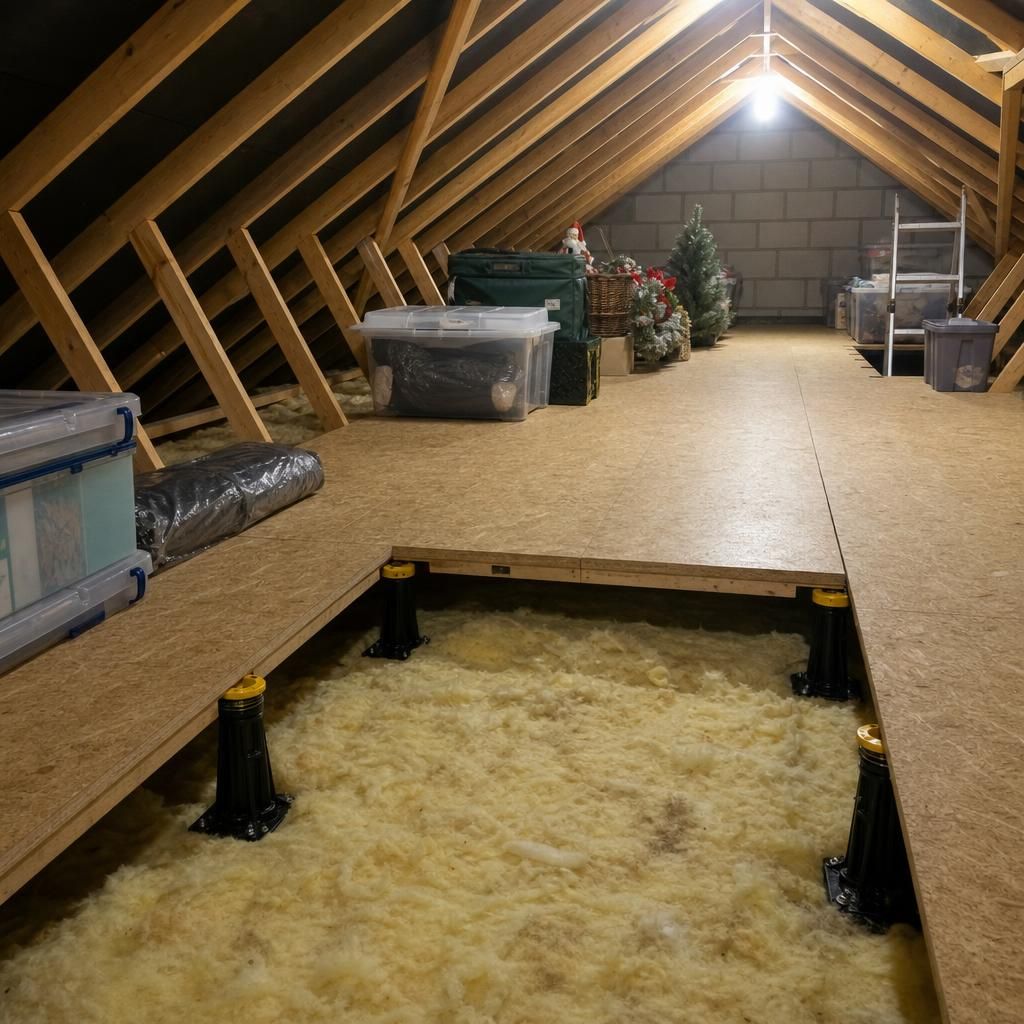 Close-up of loft boarding elevated on insulation