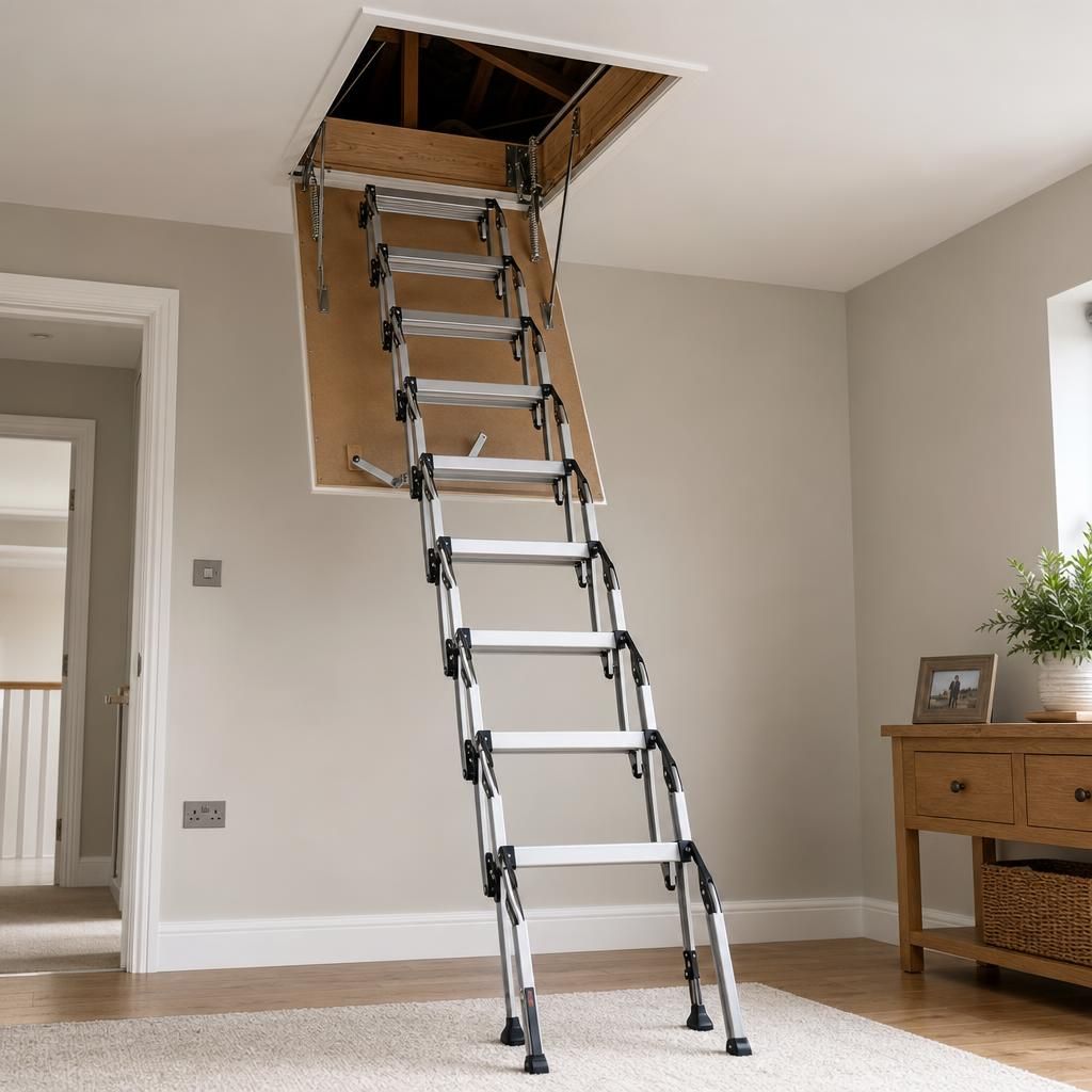 Folding loft ladder attached to a loft hatch