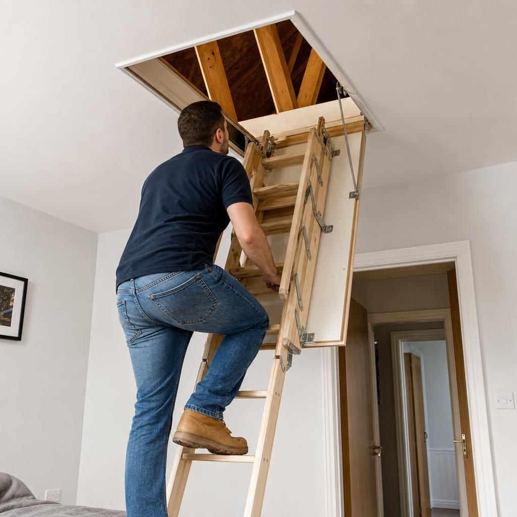 Timber loft ladder with a natural wood finish