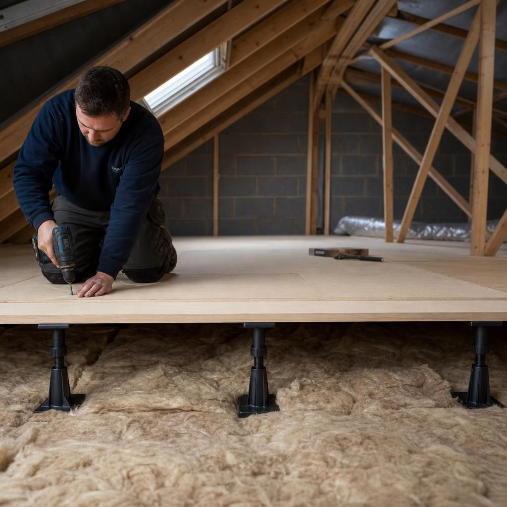 Elevated loft boarding setup on stilts