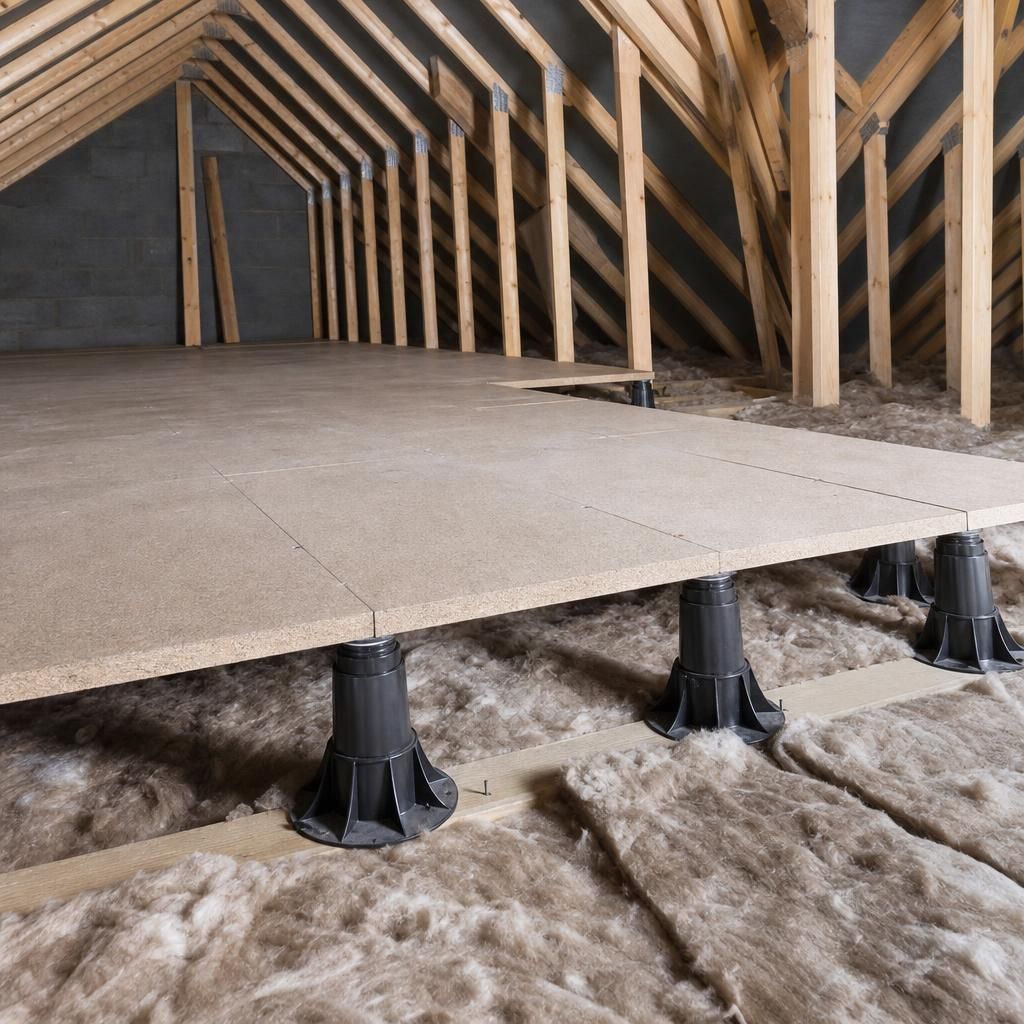Adjustable loft stilts installed in an attic