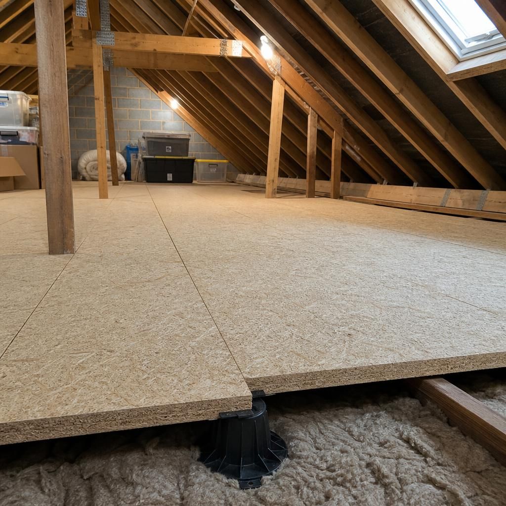 Professional installation of loft boards in progress