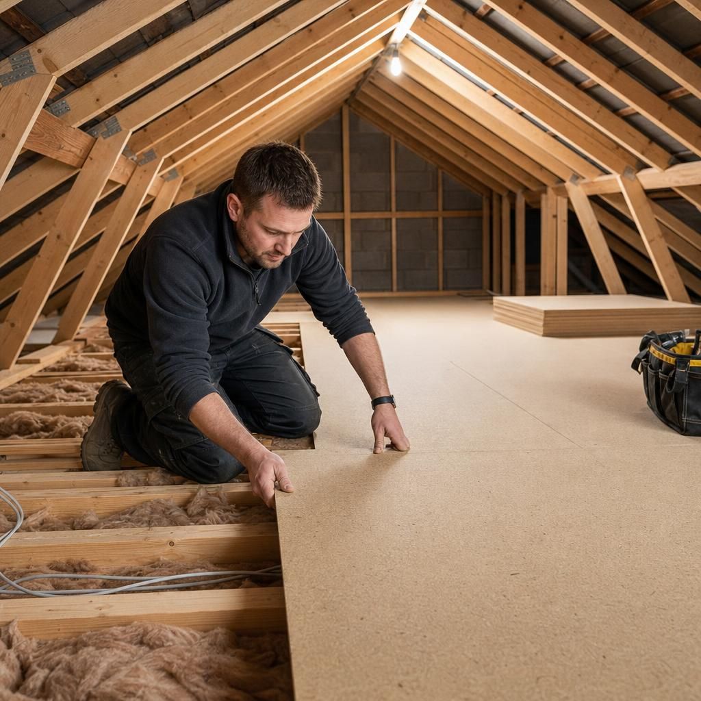 Close-up view of chipboard loft panels with tongue and groove connection