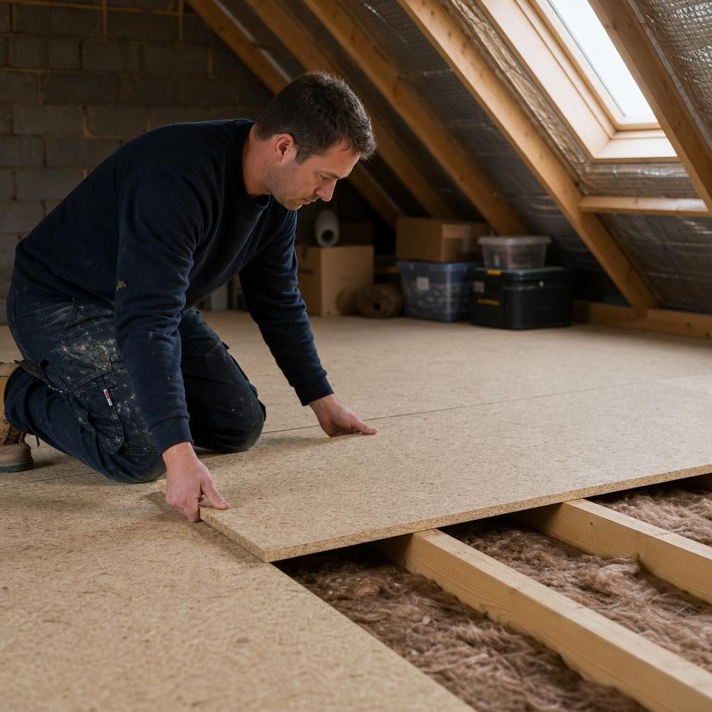 Inspector checking loft joists before chipboard installation