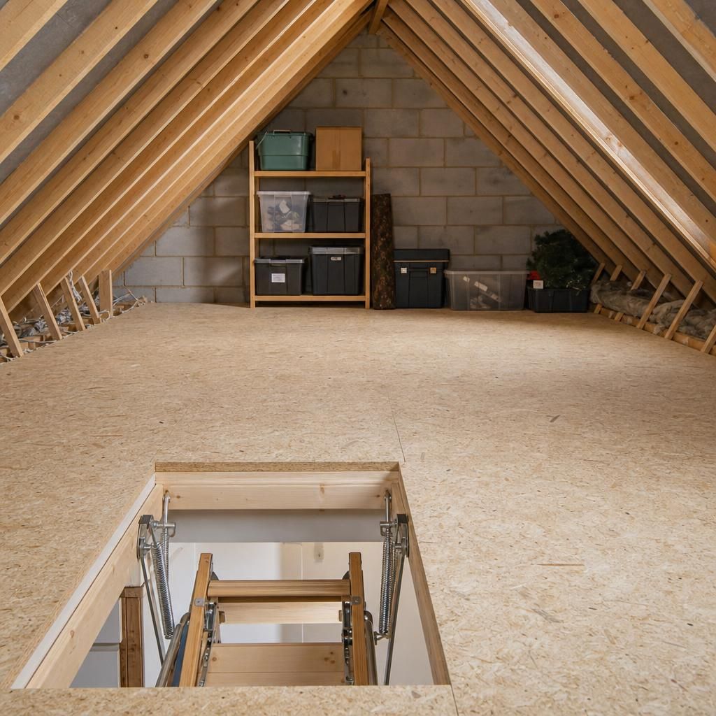 Worker inspecting installed chipboard panels
