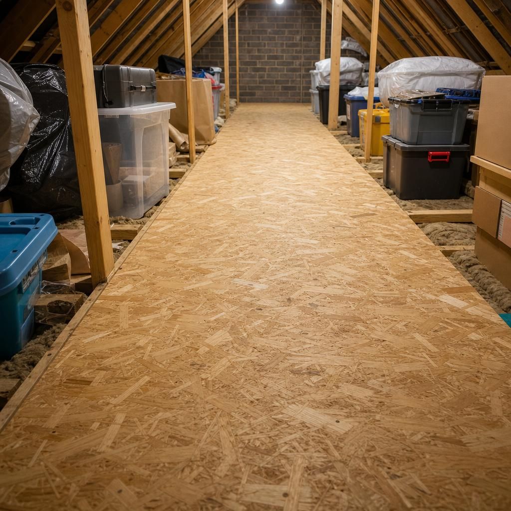OSB board with insulation material in a loft.