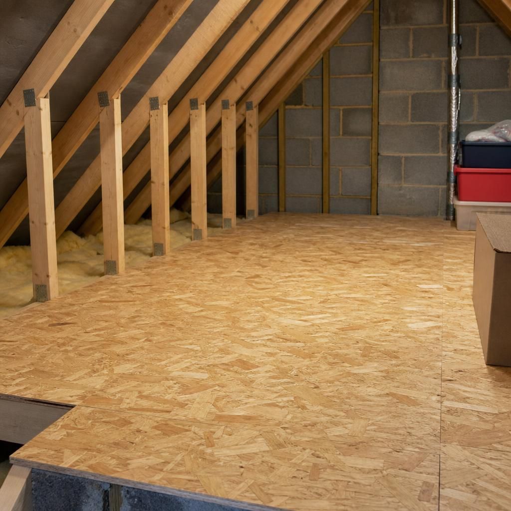 Professional installing OSB flooring in a loft.