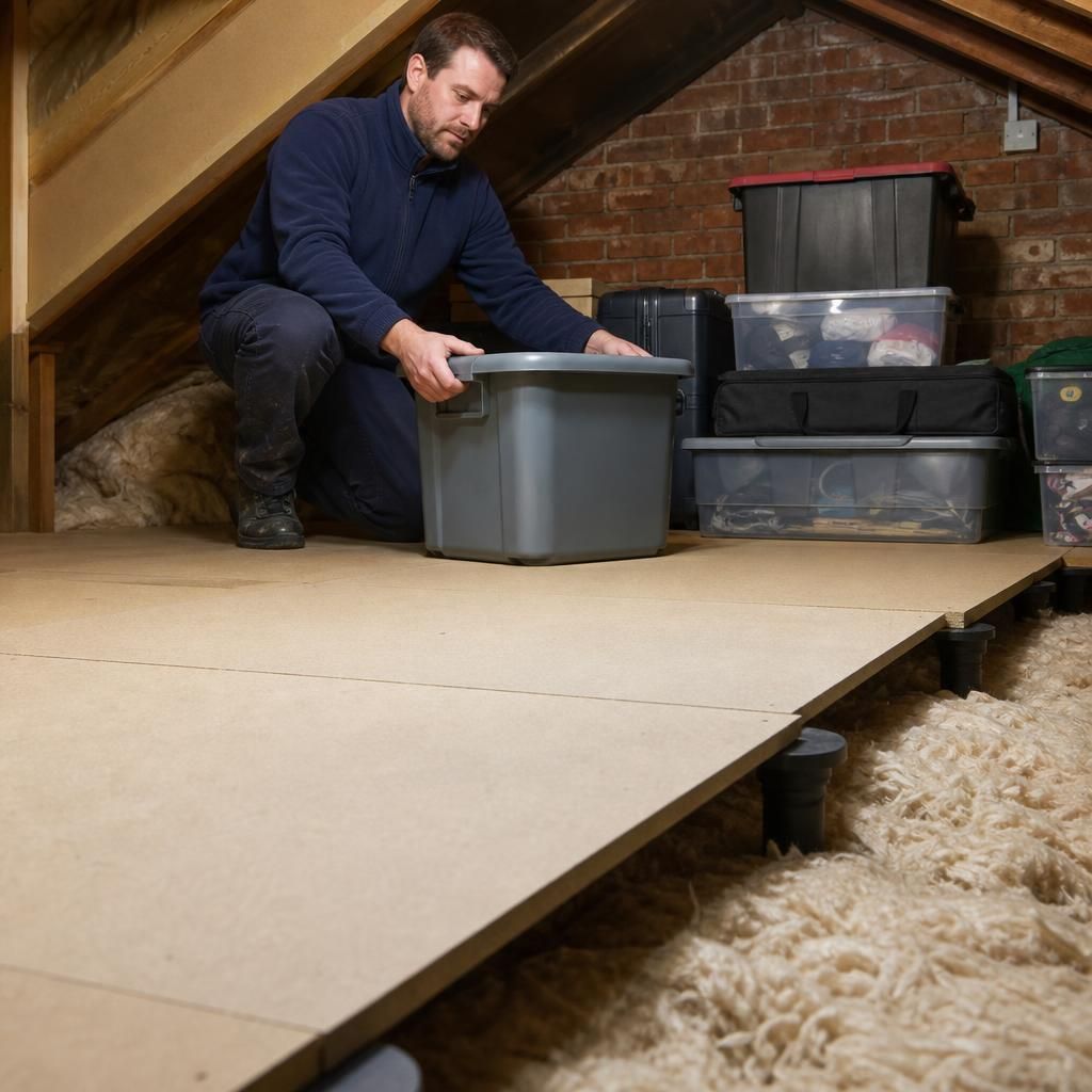 Close-up of raised loft storage boards