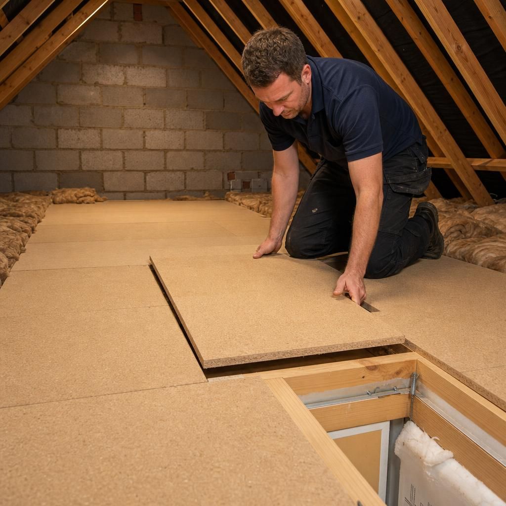 Neatly organised storage boxes on loft boards