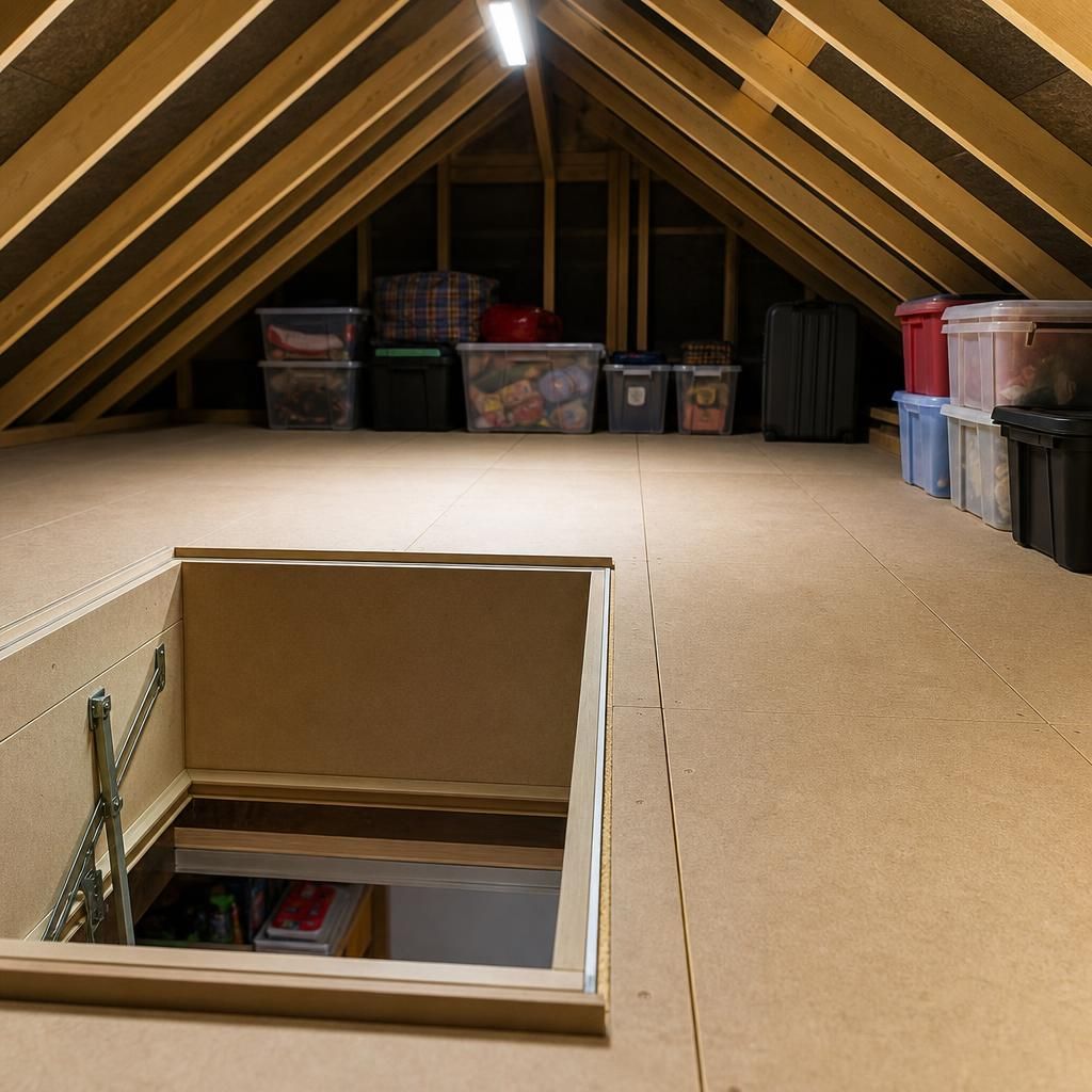 Image of durable loft boards supporting storage boxes