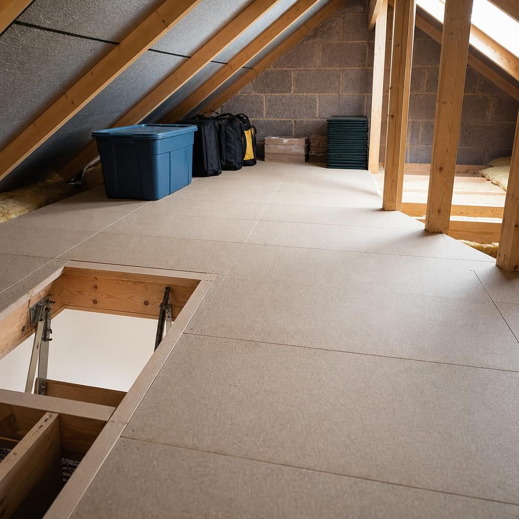 Person installing tongue and groove loft boards using basic tools