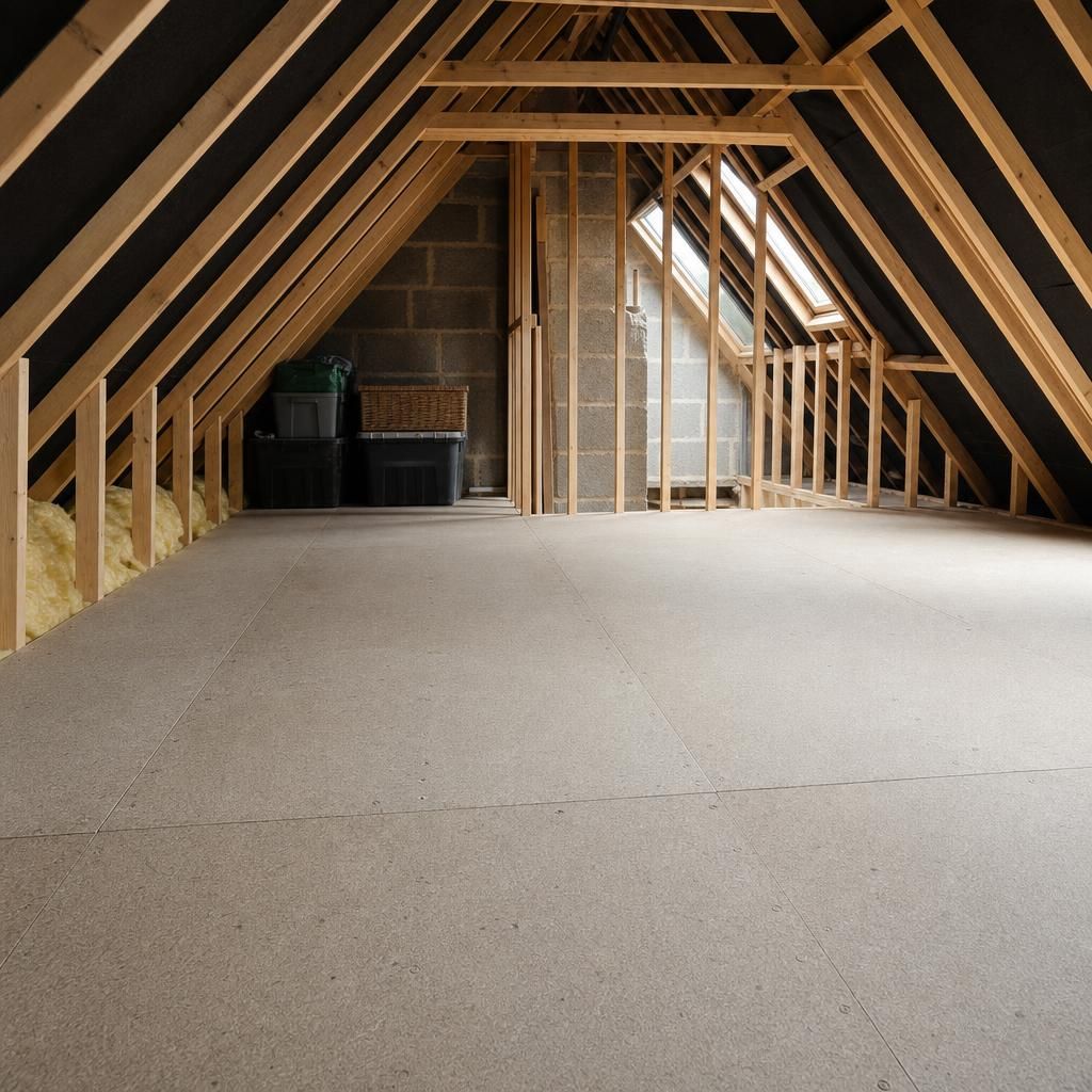 Loft with tongue and groove boards and insulation