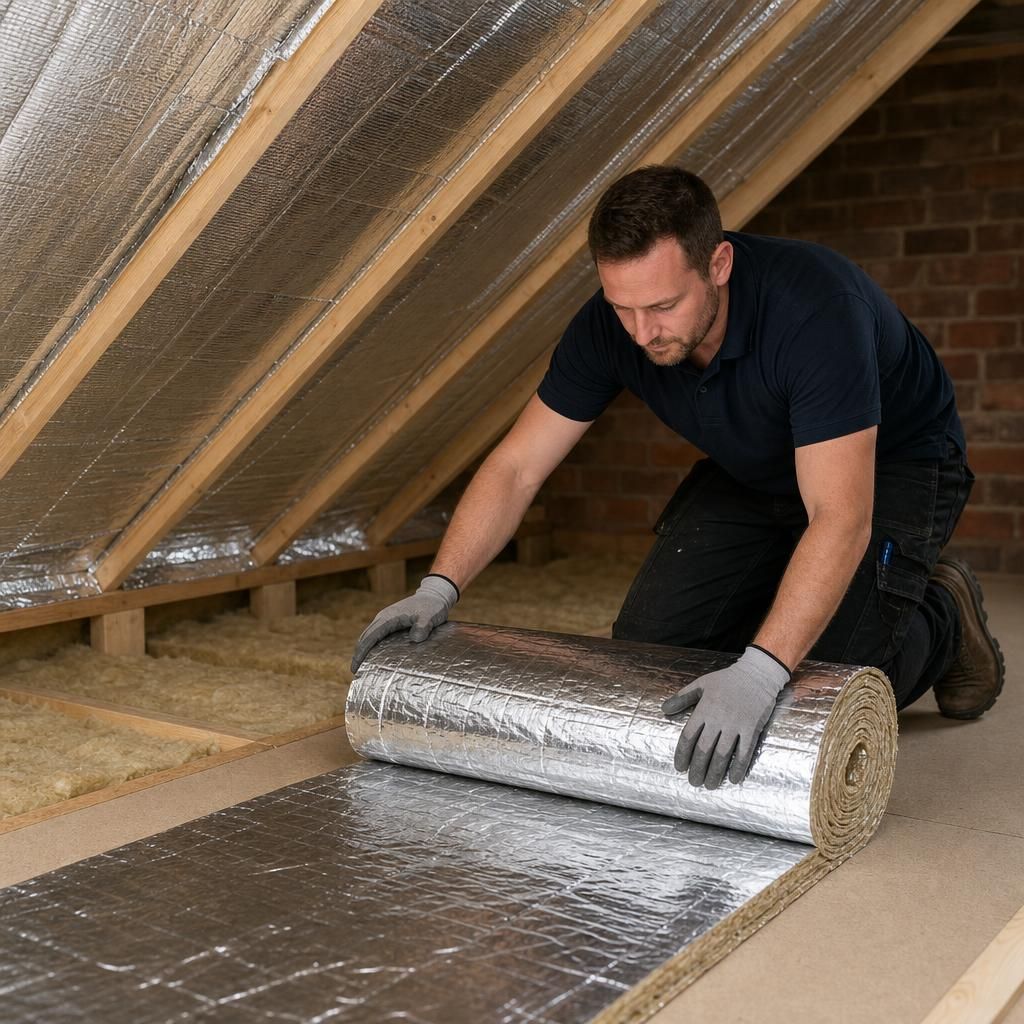 Technician installing foil and reflective insulation in a loft