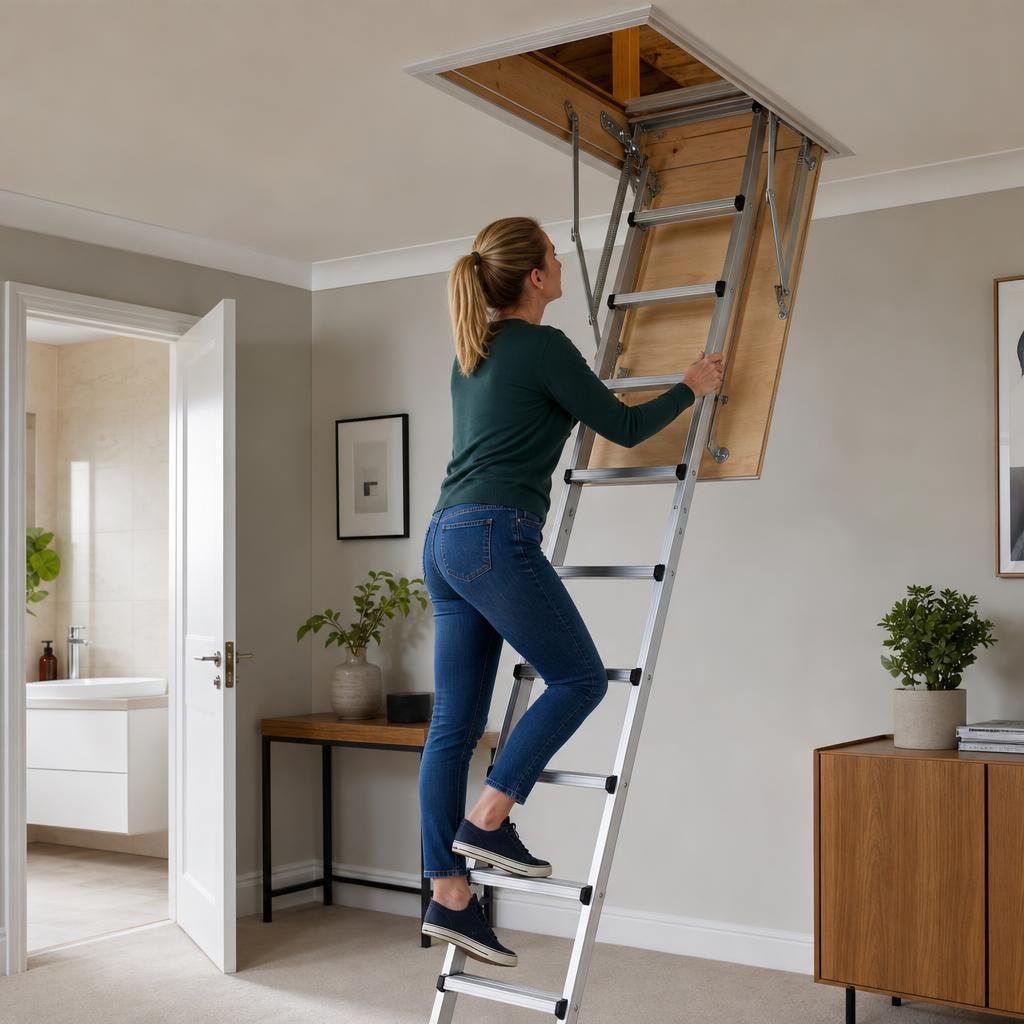 Telescopic ladder attached to a loft hatch