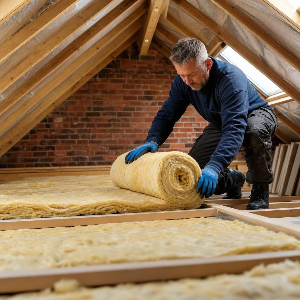 Fibreglass loft insulation in a roof space