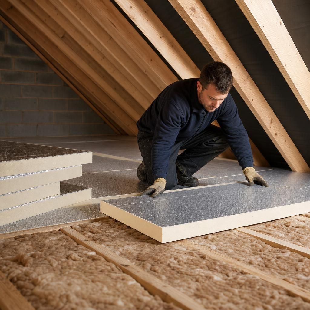 Loft with insulation boards and raised storage