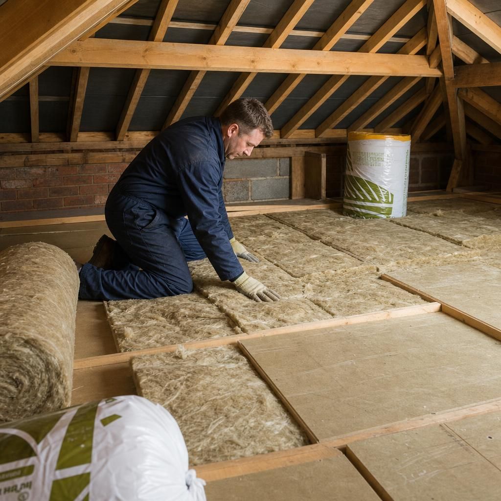 A professional installer setting up loft insulation