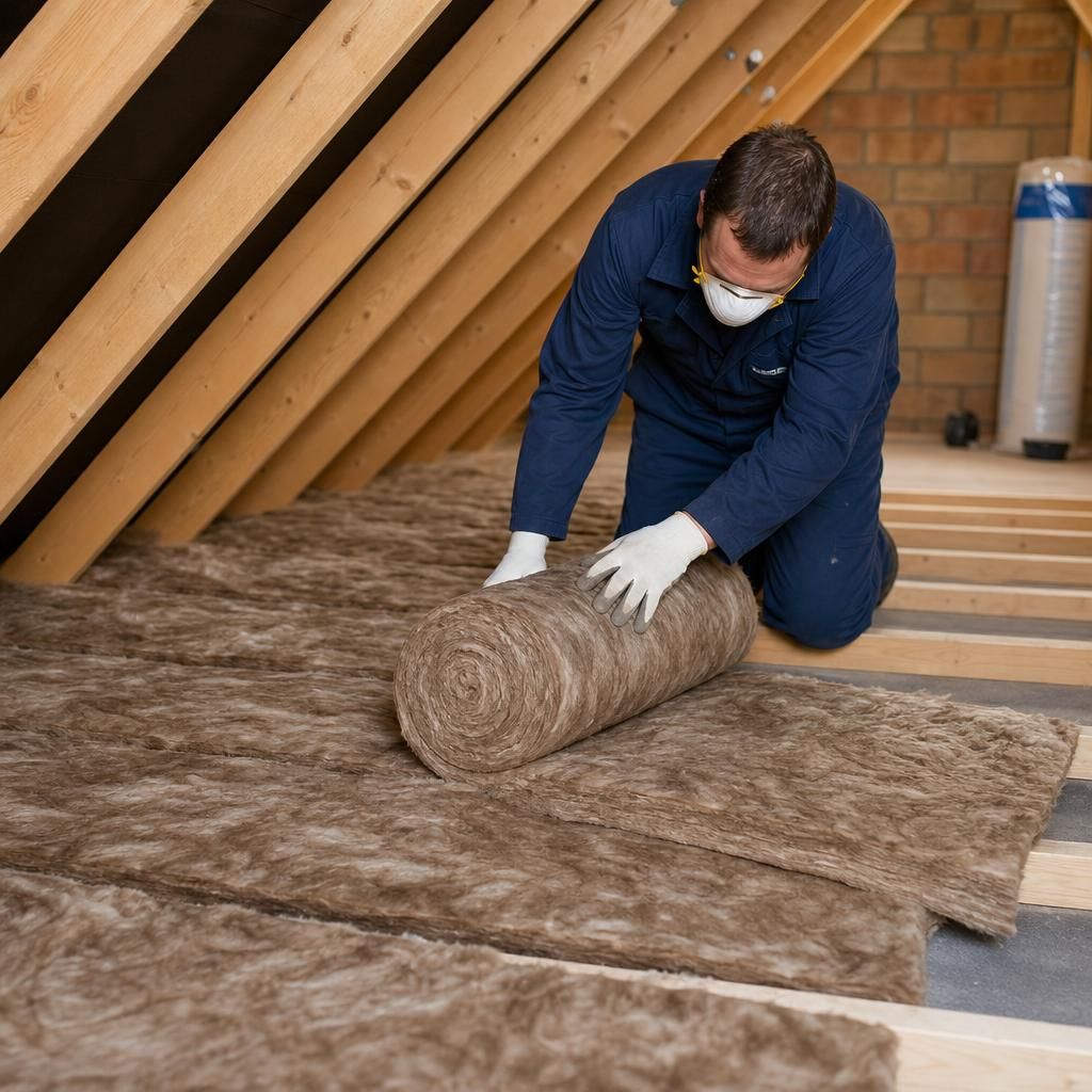 Roll loft insulation being applied in an open loft space