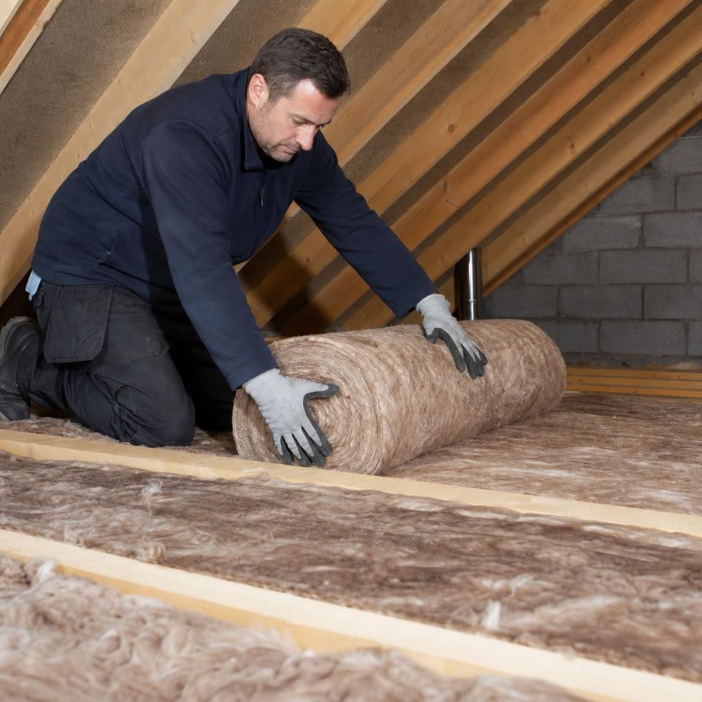Two people examining a roll of loft insulation