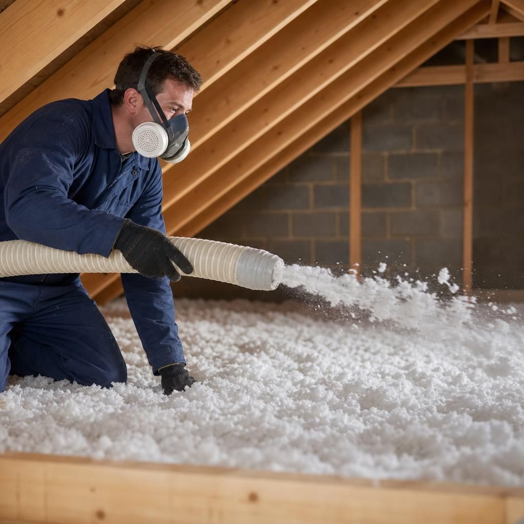 Expert installer applying loose-fill insulation in a loft