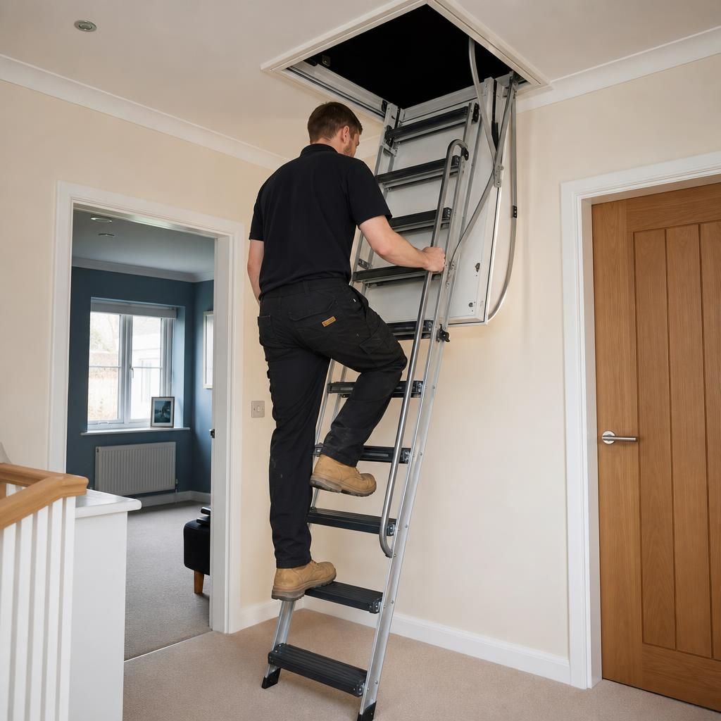 A person using a stable loft ladder with a handrail