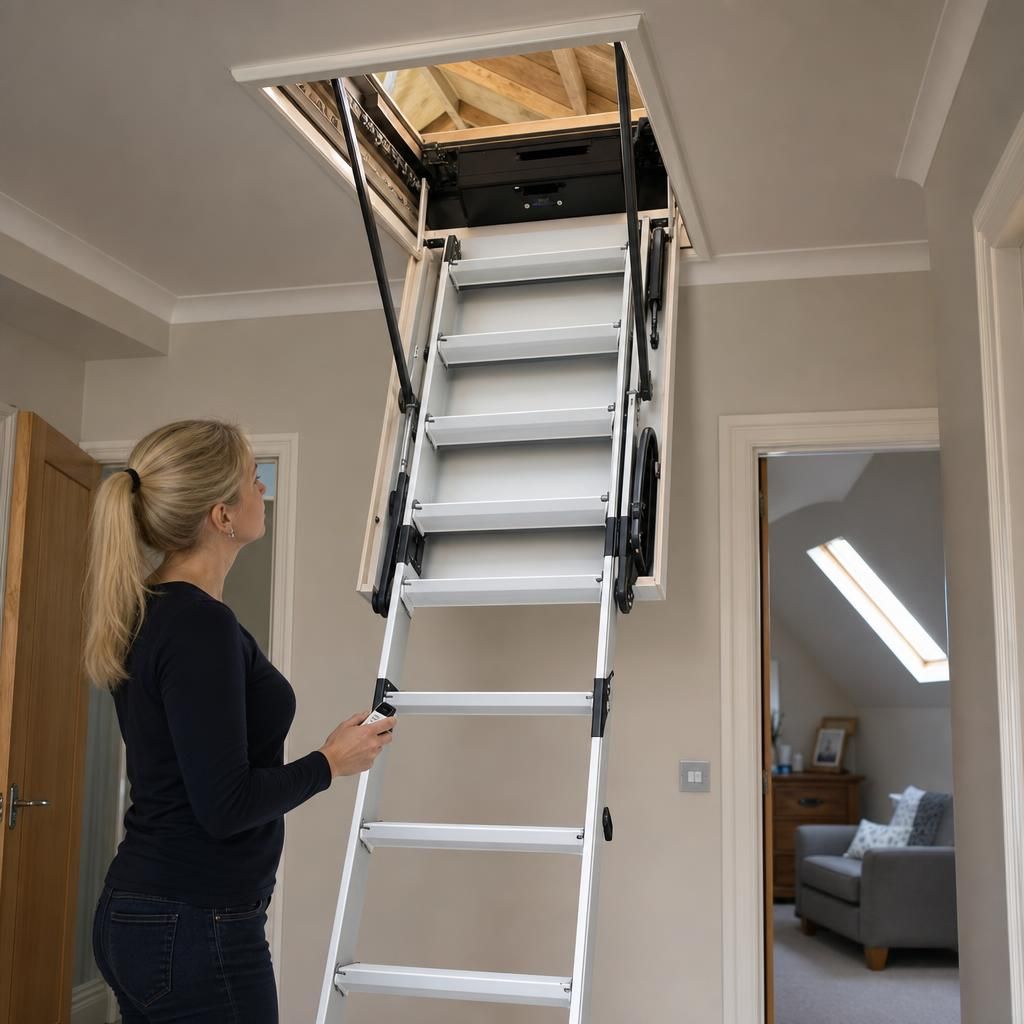 Remote-controlled electric loft ladder in operation