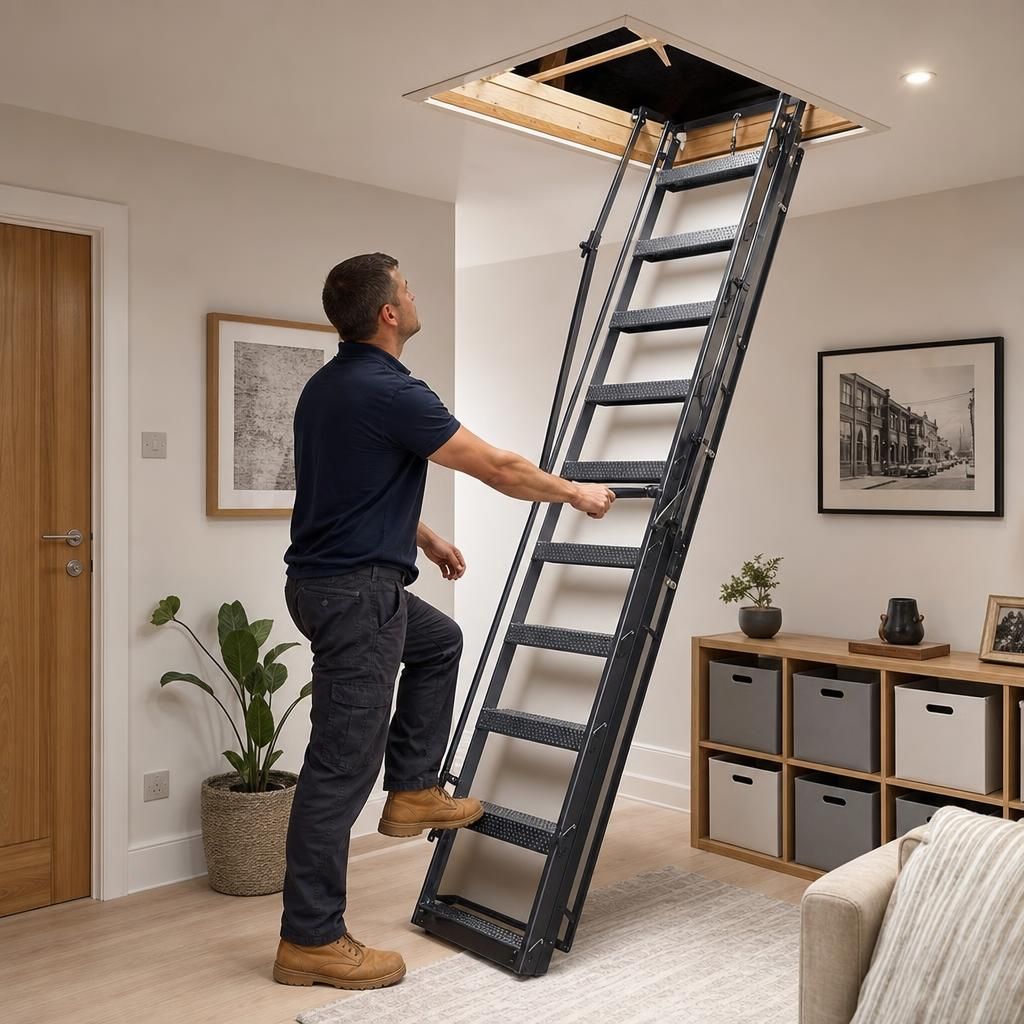 A person climbing a heavy duty loft ladder carrying boxes
