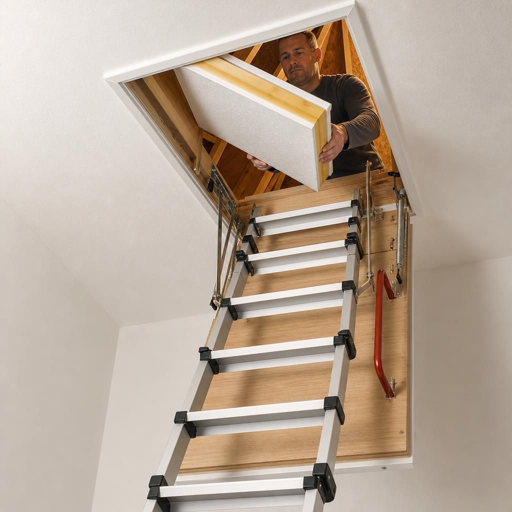 Telescopic loft ladder attached to hatch
