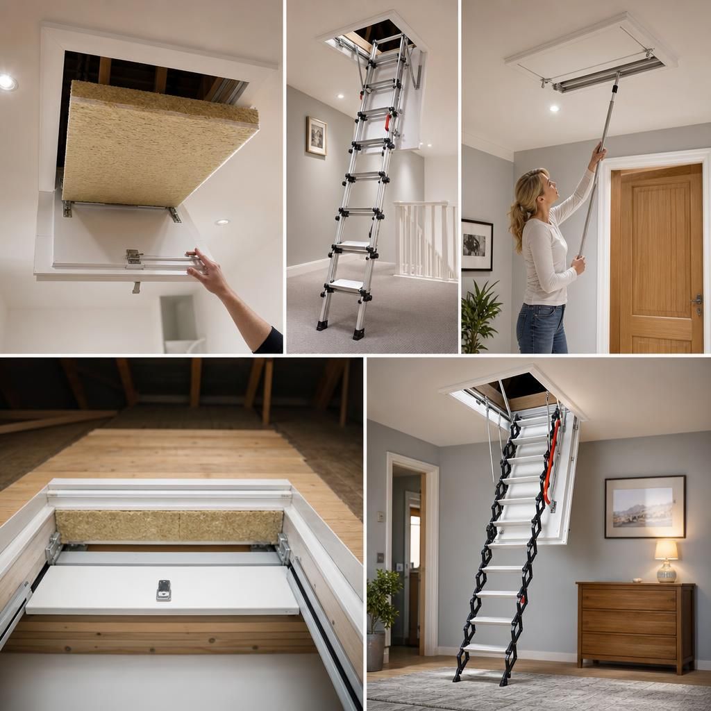 Electric loft ladder extending from hatch