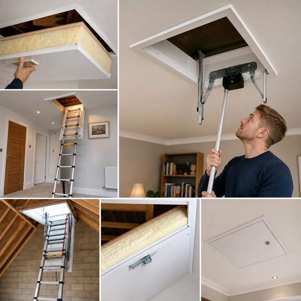 Wooden folding loft ladder in use