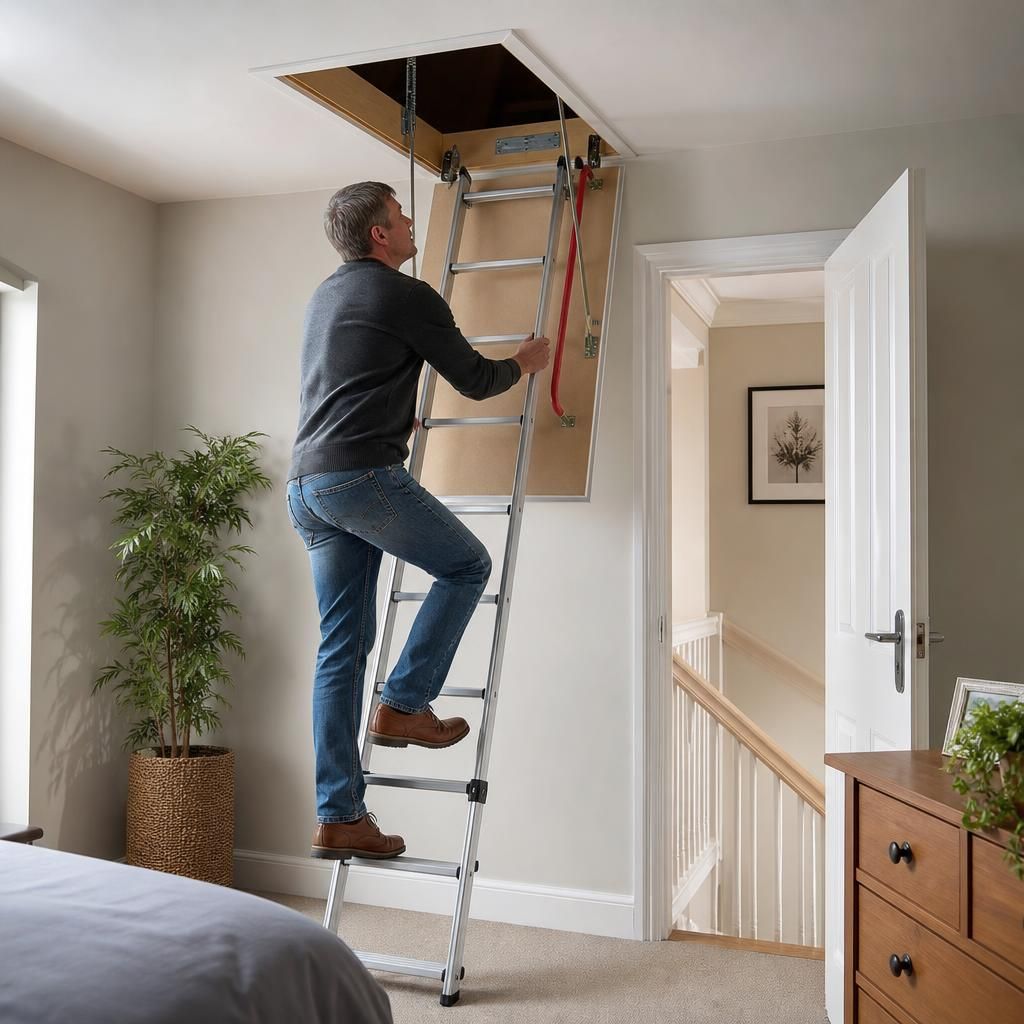 Loft hatch with wooden ladder