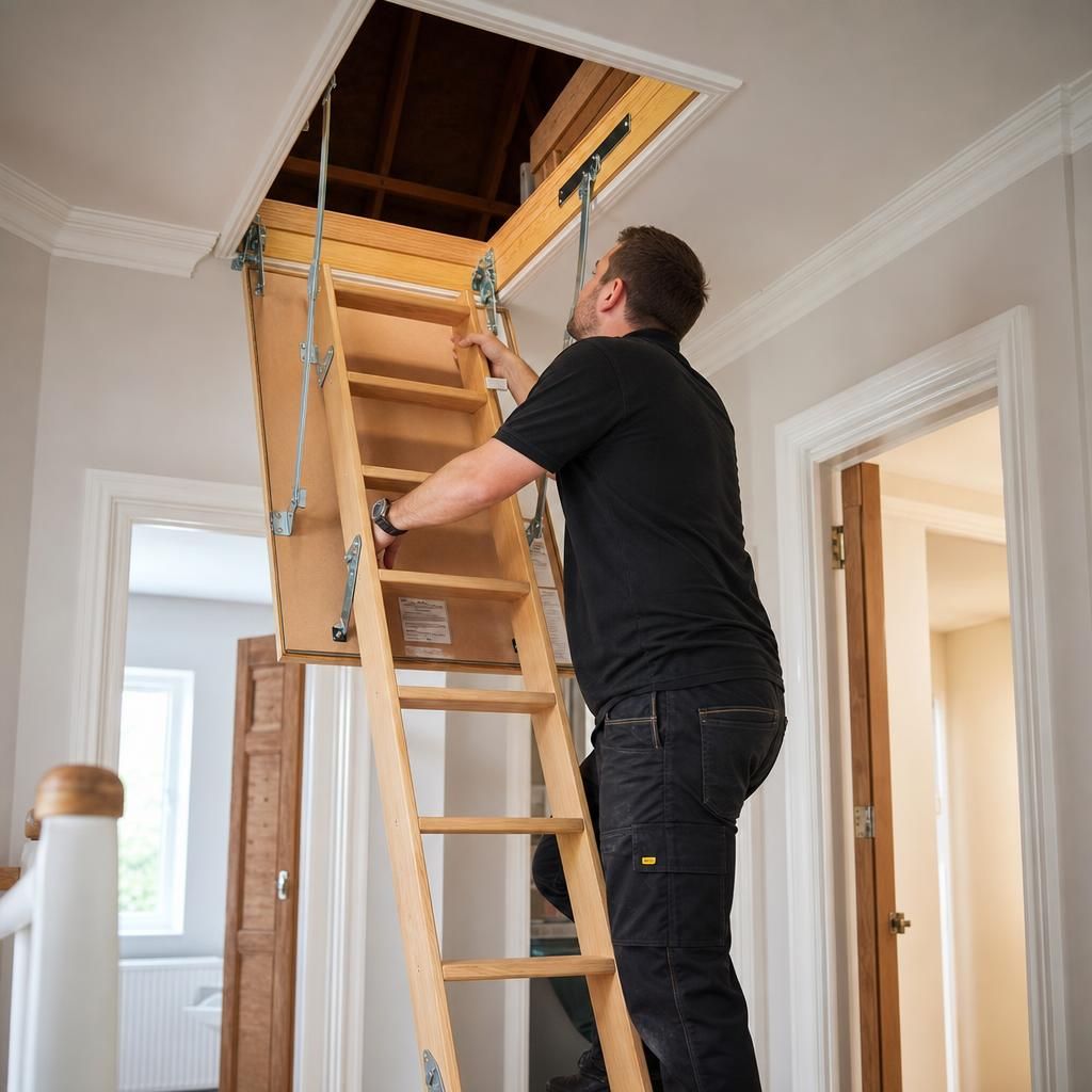 Electric loft ladder extending in a modern home