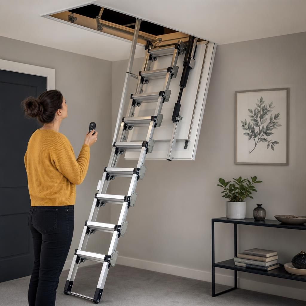 Safety railings on an electric loft ladder