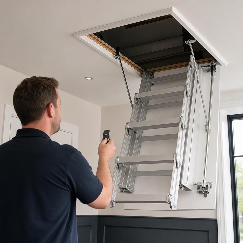 Electric loft ladder with installation tools on floor