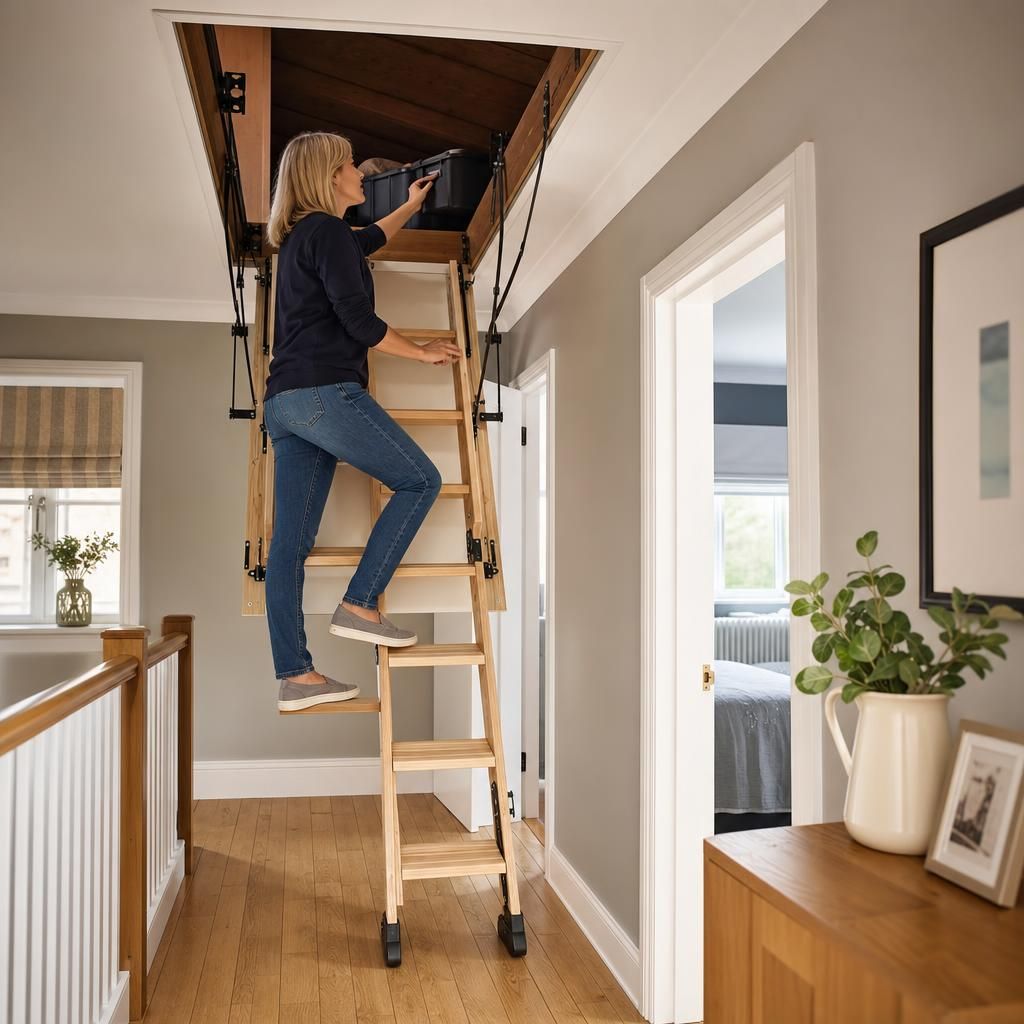 A folding wooden loft ladder with handrails
