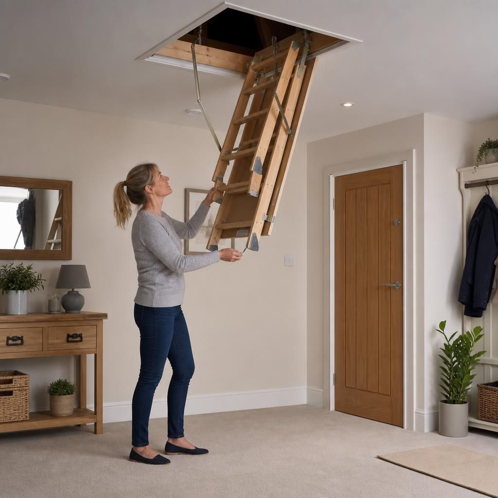 Folding loft ladder with handrails and anti-slip treads