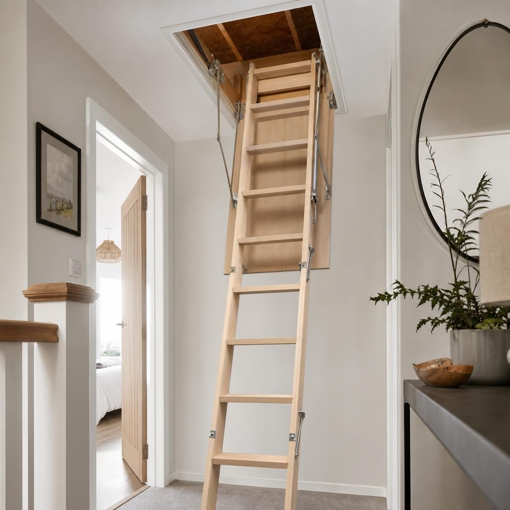 Folding loft ladder neatly stored within loft hatch