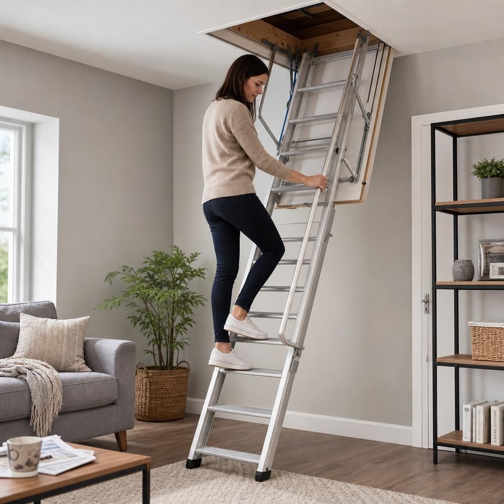 Three section loft ladder with handrail in use