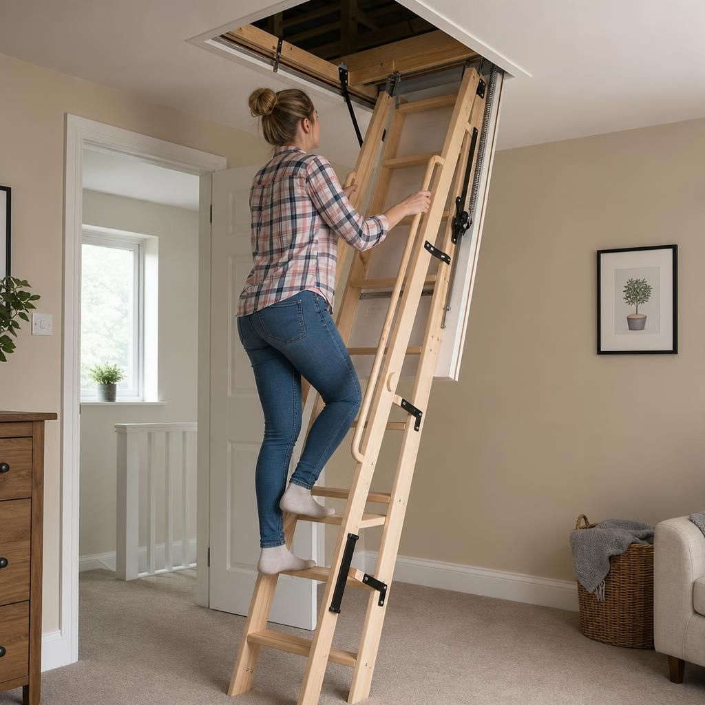 Folding wooden loft ladder in a modern attic