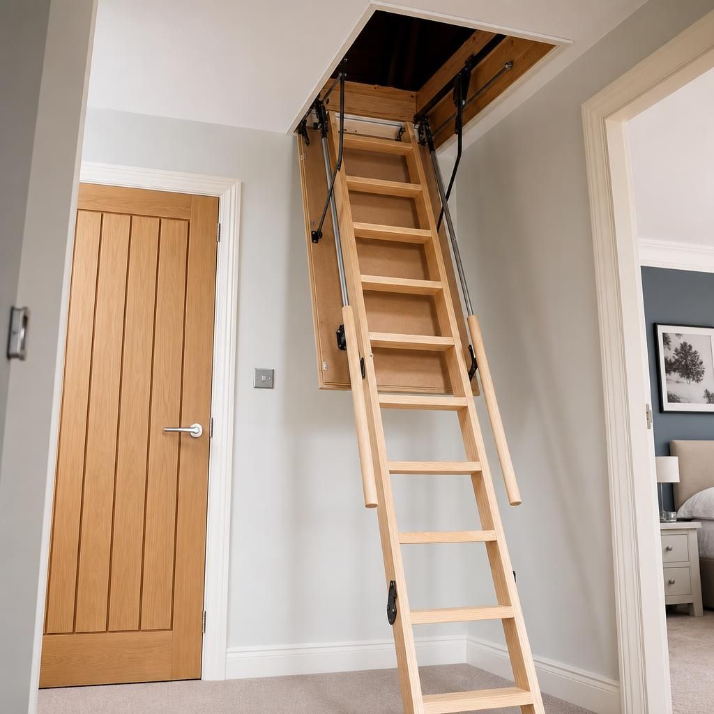 Compact wooden loft ladder in small space