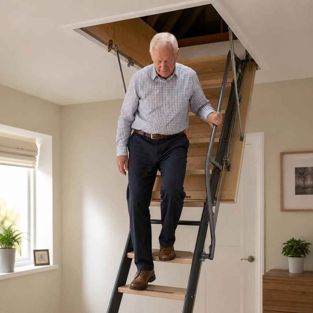 Elderly person using a stabilised loft ladder