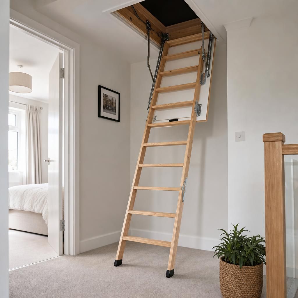 wooden loft ladder in home setting