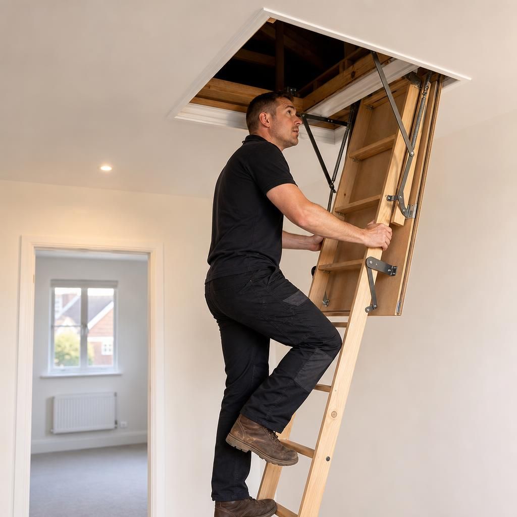 Timber loft ladder with home interior