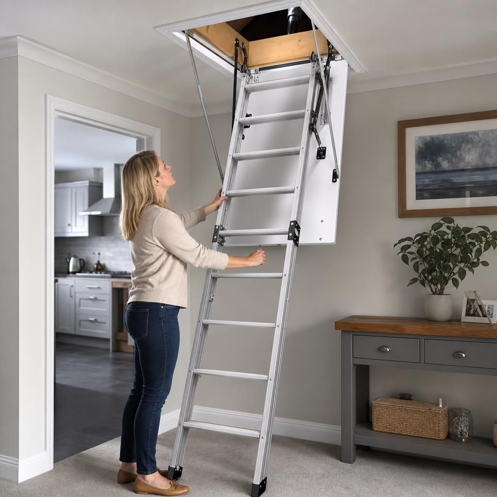 Close-up of a strong aluminium metal loft ladder